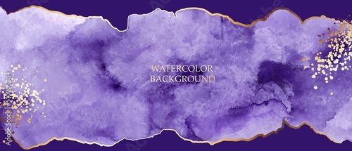 Elagant, chic background. Violet, lilac watercolor texture. Golden lines splatters. Design for card, invitation, flyer, cover.