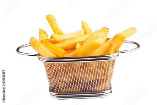 French fries, fried potatoes on white background