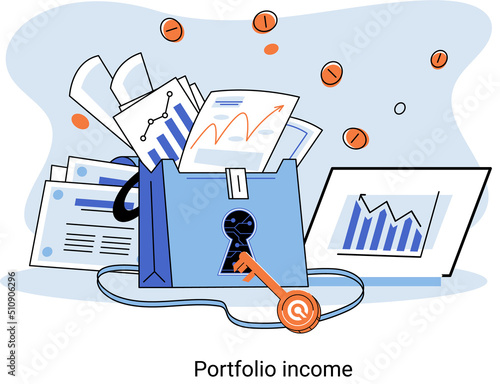 Investment portfolio income dollars currency, buy sell trading, market exchange value metaphor, businessman investor or trader balance portfolio with coins. Financiers analyzing stock market profit