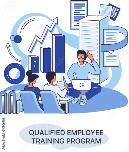 Qualified employee training program. Refresher course metaphor. Help in professional development. Learning for software development and growth. Agile project management team project life scrum meeting