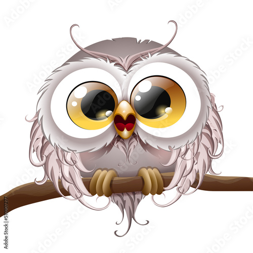 cute cartoon owl sitting on tree branch