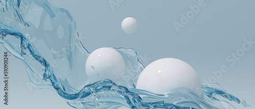 3d cosmetics background refreshing Pure white ball podium and water splash blue background. 3d rendering illustration podium for cosmetics, banner, or product presentation.
