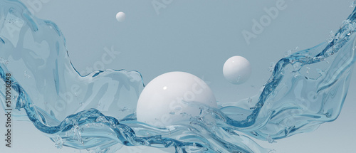 Fotografi 3d cosmetics background refreshing Pure white ball podium and water splash blue background