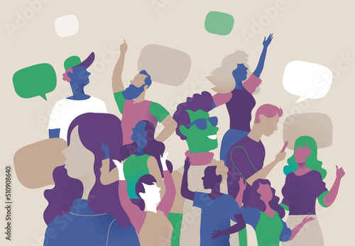 Gruppo di persone felici di diversa età sta insieme per celebrare un evento speciale. La famiglia, amici si stanno godendo concerto, festival musicale, festa, spettacolo - Illustrazione vettoriale