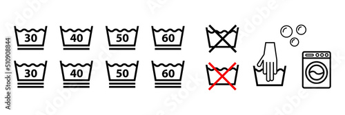 Icon set of washing symbols and washing machine. Vectors.