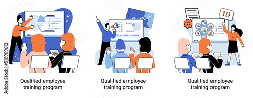 Qualified employee training program. Refresher course metaphor. Help in professional development. Learning for software development and growth. Agile project management team project life scrum meeting