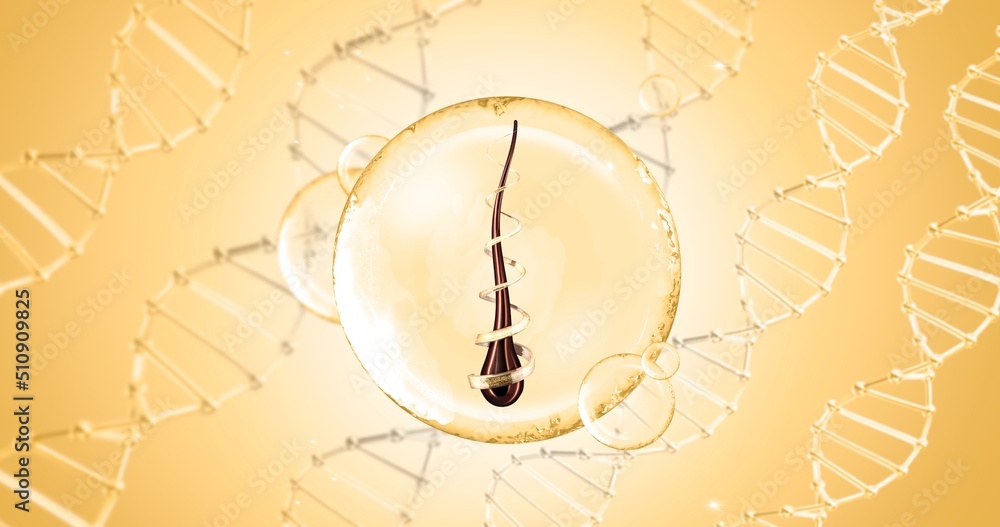 Beautiful healthy hair in a balloon on the background of 3d DNA