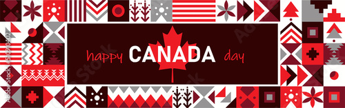 Happy Canada day banner for independence day. Retro abstract design with modern cultural patterns. Dark Red White Maple leaf theme. Vector Illustration.