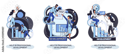 Help in professional development metaphor. Qualified employee training program. Refresher course. Human resource management organization. Business education workshop. School personality growth in team