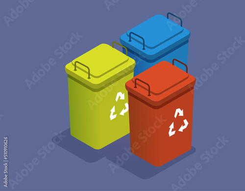 Trash in garbage cans with garbage sorting board. Recycling rubbish separation collection and recycled, minicipal program. Different color recycle bins with glass, plastic, paper. Zero waste concept