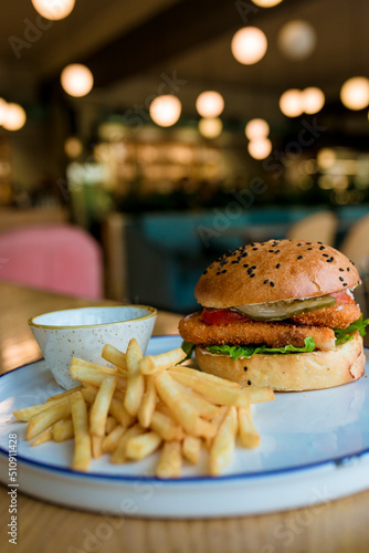 hamburger on a plate, delicious fast food
