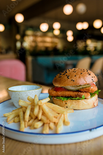 hamburger on a plate, delicious fast food