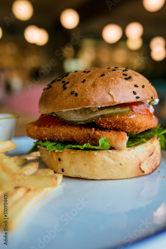 hamburger on a plate, delicious fast food