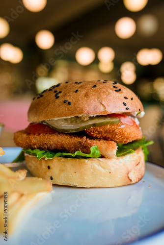 hamburger on a plate, delicious fast food