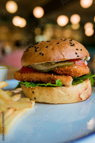 hamburger on a plate, delicious fast food
