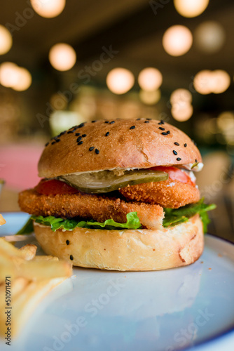 hamburger on a plate, delicious fast food