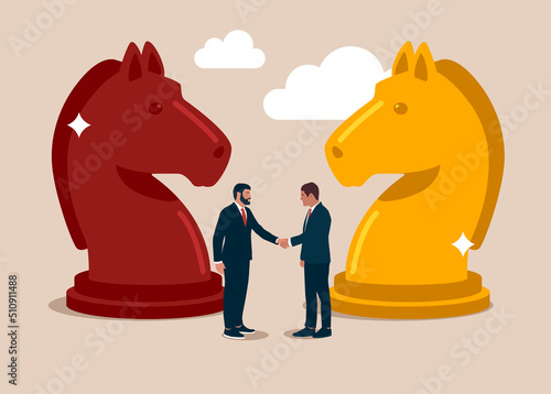Entrepreneur leader shaking hand on knight chess metaphor of agreement. Negotiation skill to deal with competitor, agreement or partnership decision, collaboration strategy to success together.