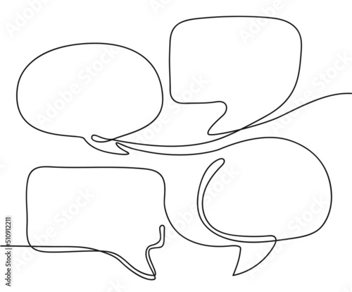 One line dialog. Talk messages, continuous line conversation and four speech bubbles hand drawn vector illustration