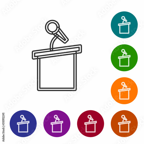 Black line Stage stand or debate podium rostrum icon isolated on white background. Conference speech tribune. Set icons in color circle buttons. Vector