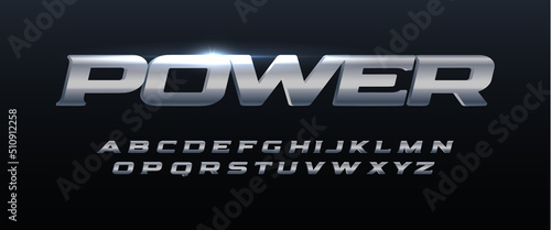 Power font iron alphabet. Metal logo typography. Steel typographic design. Wide bold italic letters for speed logo, race headline, automotive monogram, lettering, and branding type. Vector typeset