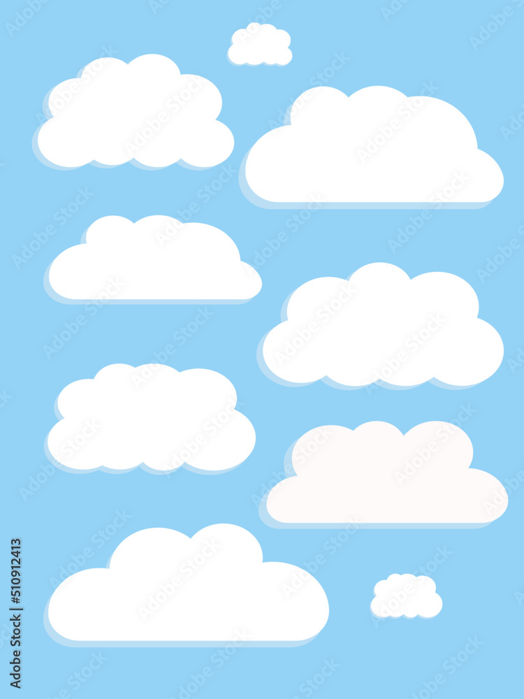 Vector flat illustration.White clouds set isolated on a blue background. Soft round cartoon fluffy clouds icon in the blue sky. Geometric shapes. Background for prints, covers and invitations. Vector flat illustration.White clouds set isolated on a blue background. Soft round cartoon fluffy clouds icon in the blue sky. Geometric shapes. Background for prints, covers and invitations.