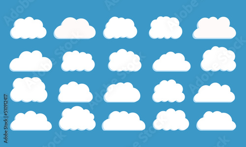 Vector flat illustration. Clouds. Abstract white cloudy set isolated on blue background. Illustration for prints, wall art, cover and invitation. Background for prints, covers and invitations.