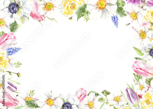 Watercolor spring floral frame illustration, Easter flower geometric frame , tulip,anemone,rose wreath, frame, for wedding stationery, nursery decor, greenery botanical save the date, baby shower diy