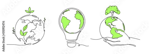 One line eco world. Globe ecology support, environment protection idea and green earth ecosystem vector Illustration set