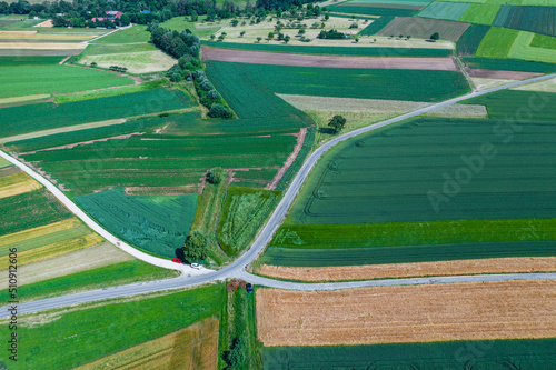 aerial of grain fields and roads in summer