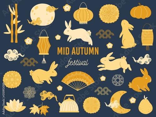 Mid autumn festival rabbits. Lotus mooncake, asian moon with clouds and gold rabbit vector Illustration set