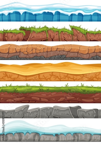 Cartoon seamless grounds. Game background assets of rocks way texture, snowy land, desert sands and green meadow landscape vector Illustration set.
