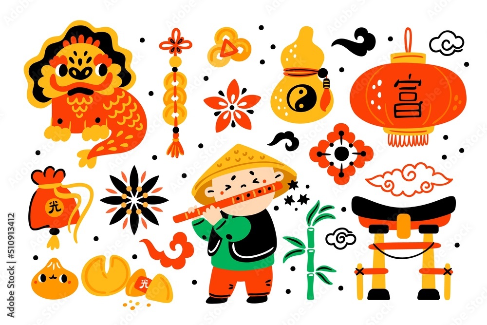 Obraz premium Cartoon China. Travel attractions. Asian landmarks and symbols. Cute shanghai elements. Prosperity talismans. Traditional Chinese costume. Oriental lion and torii. Garish vector set