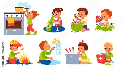 Children dangerous situation. Kids in risk. Boys and girls playing with unsafe objects. House mistakes. Babies curiosity. Beware of electricity and fire. Vector little people actions set