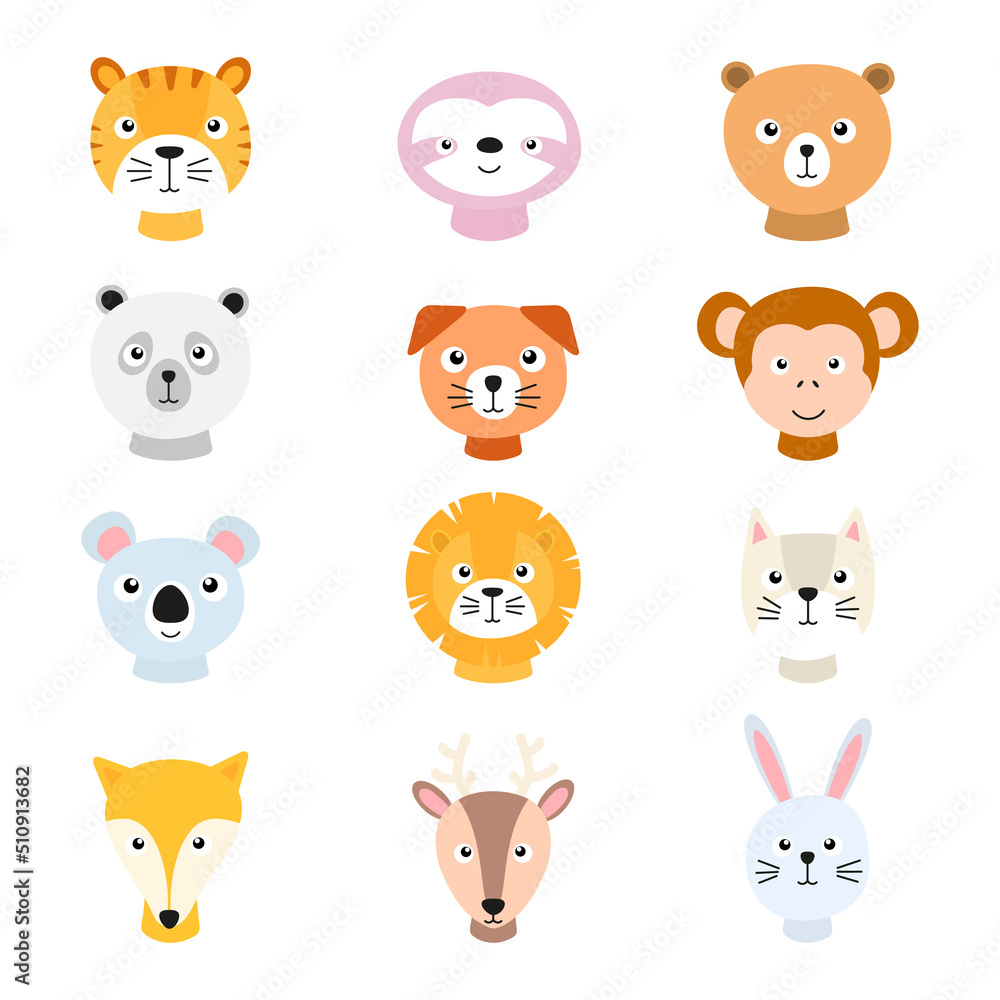 Fototapeta premium Cute animals portraits set for children card. Tiger, lion, panda, bunny, fox, cat, dog and other. Happy animal faces collection. Vector illustration isolated on white background.
