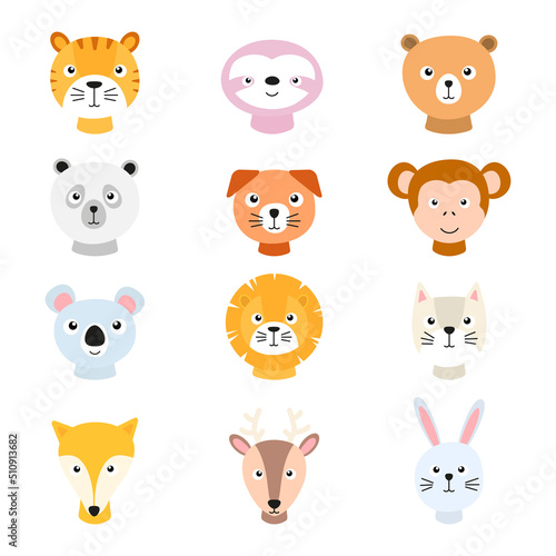 Fototapeta Naklejka Na Ścianę i Meble -  Cute animals portraits set for children card. Tiger, lion, panda, bunny, fox, cat, dog and other. Happy animal faces collection. Vector illustration isolated on white background.