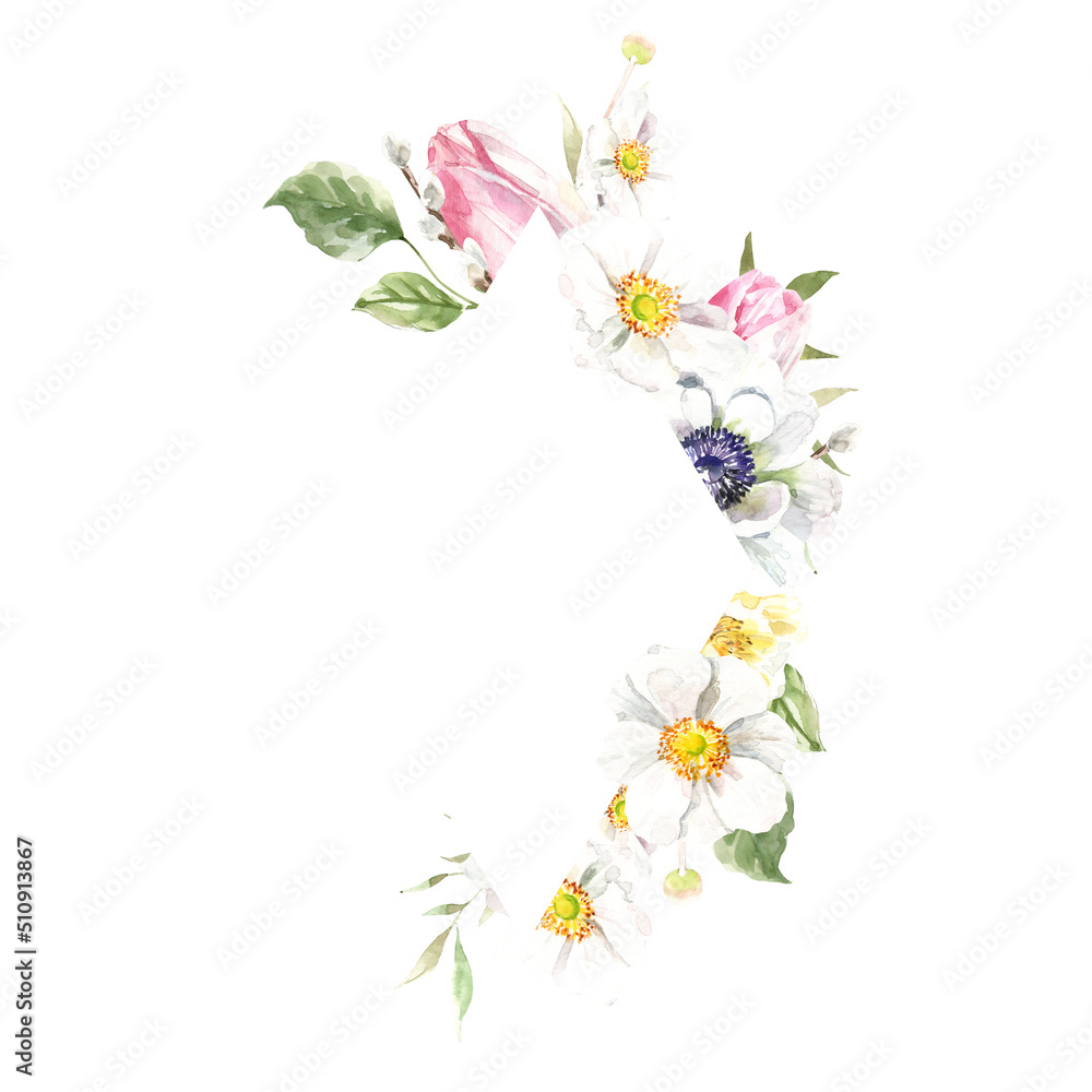 Watercolor spring floral frame illustration, Easter flower geometric  frame , tulip,anemone,rose wreath, frame, for wedding stationery, nursery decor, greenery botanical save the date, baby shower diy