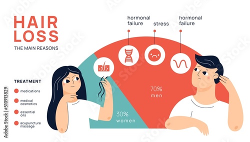 Hair loss infographic. Male and female alopecia. Hormonal problem. People health. Prevention and treatment. Baldness reasons. Medical illness symptoms diagram. Garish vector concept