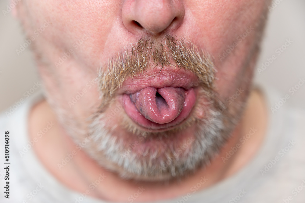 Fototapeta premium The lower part of a male face. Mature man with stubble has his tongue twisted into a tube, grimacing. Gray hair on his beard and mustache. Man wriggling in front of camera. Close-up. Selective focus.