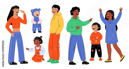Laughing people. Hilarious funny characters. Happy men and women. Cheerful children. Joyful babies. Jokes and smiles. Positive emotions. Youth giggle and laughter. Garish vector set