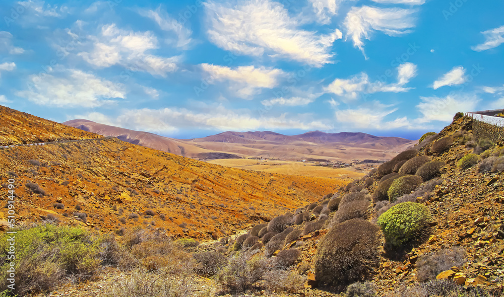 Obraz premium Beautiful wild arid valley landscape, serpentine road, blue sky fluffy clouds - Betancuria (montana atalaya), Lanzarote