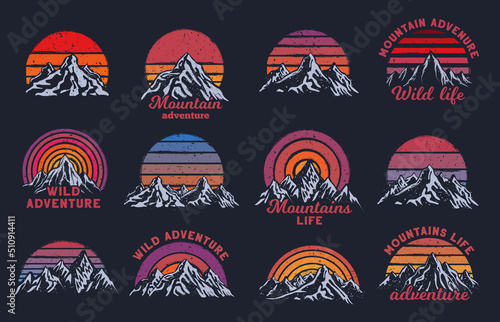 Retro mountains sunset. Mountain peaks with rising sun, wild adventure print and grunge rainbow stripes vector set