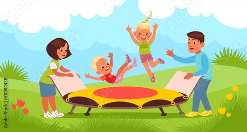 Outdoor trampoline jumping. Happy children and parents on nature. Joint family summer activity. Mom and dad play with kids. Playful son and daughter trampolining. Splendid vector concept