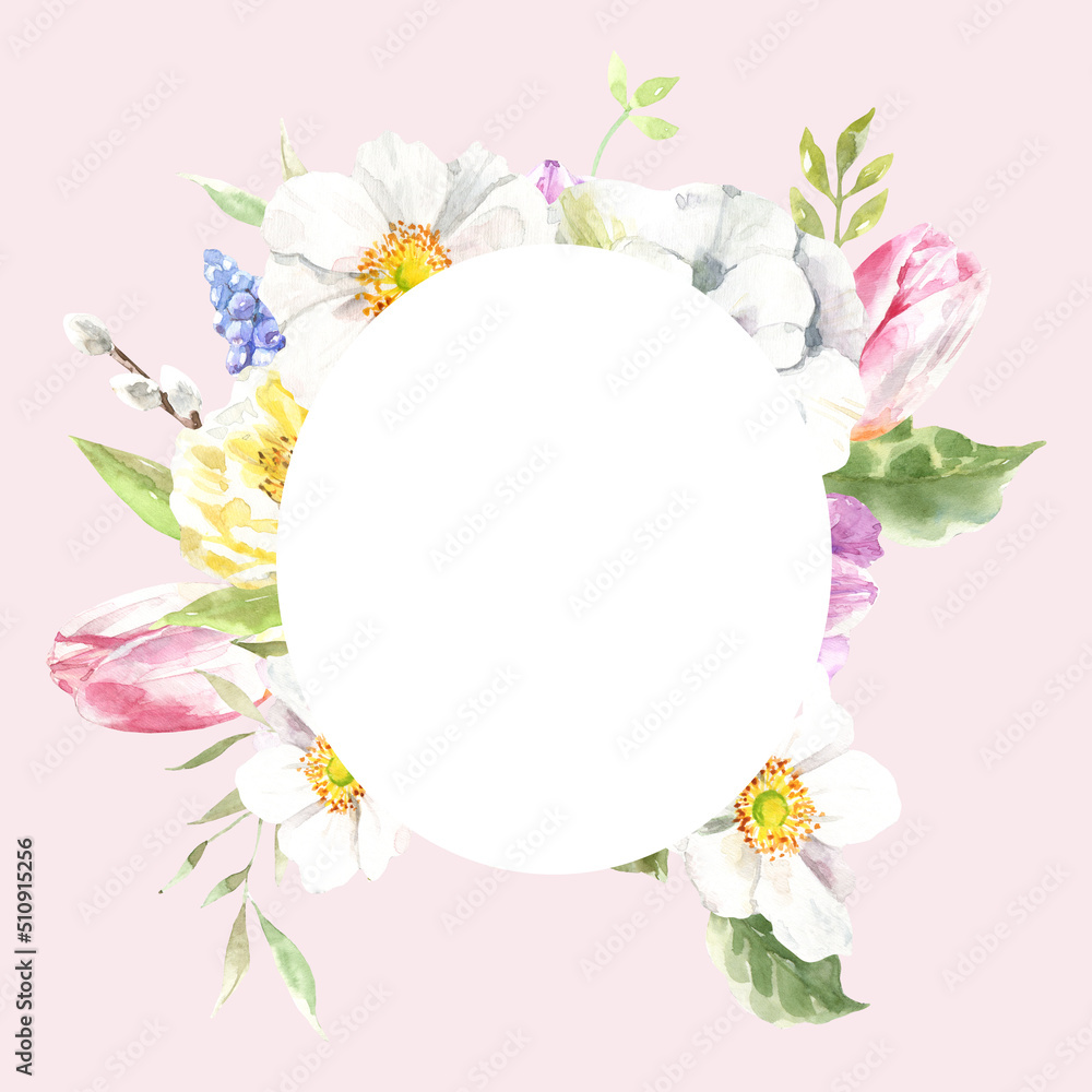 Watercolor pink spring floral frame illustration, Easter flower geometric frame, tulip,anemone,rose wreath, frame, for wedding stationery, nursery decor, greenery botanical save the date, baby shower