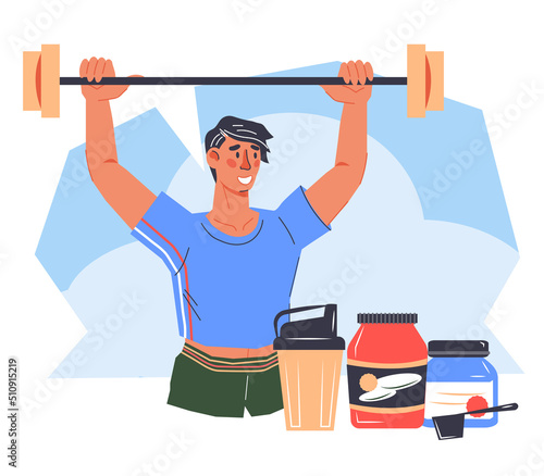 Sportsman doing workout with sport supplements cartoon flat vector illustration isolated on white background. Sports nutrition. Fitness protein shakers, gainers and energy drinks.