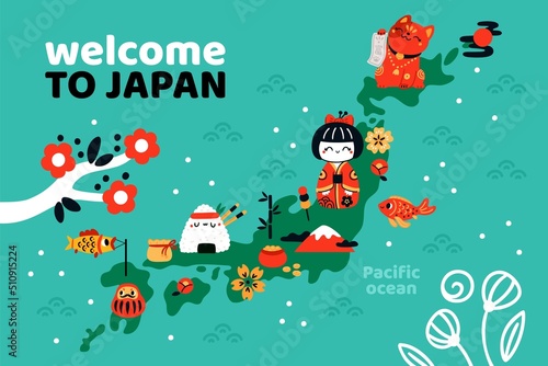 Welcome to Japan. Map with traditional elements. Cultural attraction. Invitational travel banner. Lucky items and food. National tourism attributes. Japanese souvenir. Vector poster