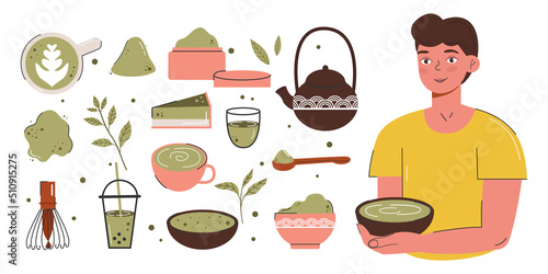 Matcha green tea is served and drunk by a young man. Japanese tea culture. Matcha latte is a healthy drink. Big set of various matcha tea products.  Hand-drawn vector color fashion illustration.