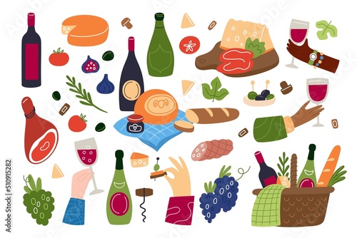 Wine food. Meal and drinks. Picnic baskets with delicacies. French cuisine gastronomy. Hands holding glasses. Cheese and bread. Snacks to beverage. Garish vector gourmet products set