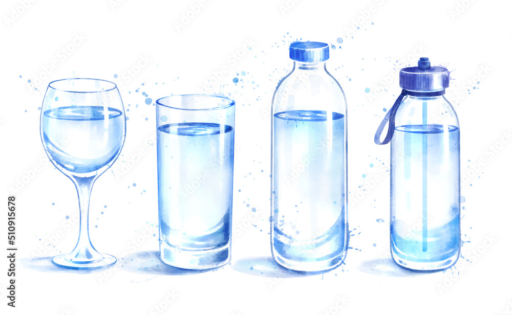 Watercolor set of water bottles and glasses Watercolor set of water bottles and glasses