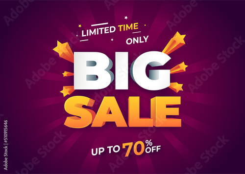 Big Sale banner violet background template design, Big sale special up to 70% off. Super Sale, end of season special offer banner.