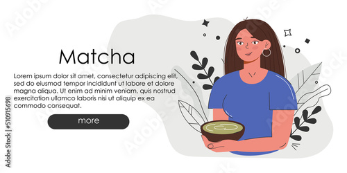Adorable website page with Matcha. Hand draw green drink website idea. Japanese tea culture. Matcha latte is a healthy drink.Coffee shop main page in greenish colors.